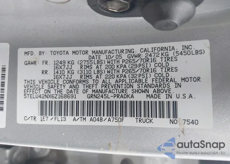 2006 Toyota Tacoma Base V6 из США, поврежденный, VIN 5TELU42NX6Z168691